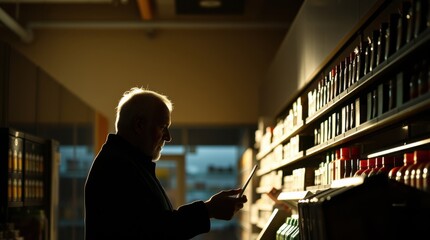 Silhouette of a senior man using a tablet in a store, backlit by sunlight streaming through the windows. He is carefully examining something on the screen.