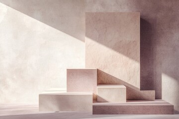 Minimalist beige textured blocks create a modern, sunlit product display backdrop.
