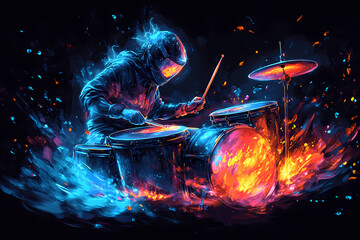 A glowing digital drummer performing on a radiant holographic drum set with vibrant energy pulses