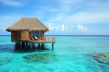 A picturesque overwater bungalow with a thatched roof.
