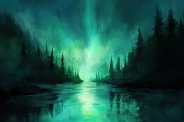 Obraz premium Serene Green Forest Lake Underneath An Aurora