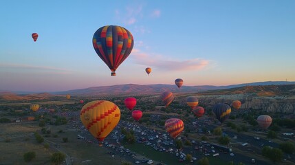 Obraz premium A colorful hot air balloon festival with dozens of balloons rising into the sky