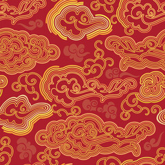 Seamless chinese pattern with clouds.  Red and gold template symbols. Ethnic ornament.  Trendy print for design. Vector clipart. 