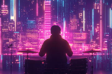 A glowing digital drummer performing on a radiant holographic drum set with vibrant energy pulses