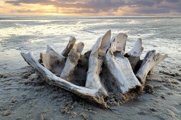  bleached whale bones rest on a sandy beach at sunset, a serene yet haunting scene.