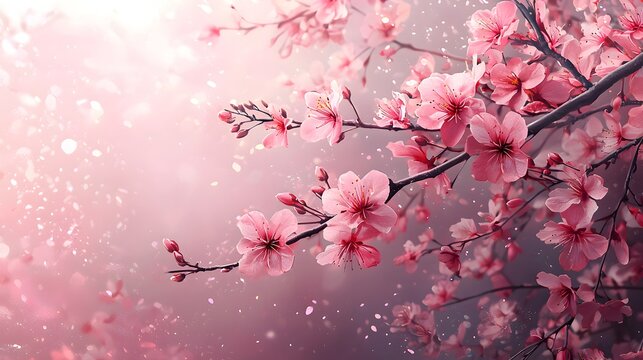 Cherry blossoms blooming vividly in soft light. Generative AI
