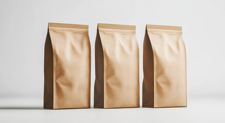 Fototapeta premium Three coffee bags stand upright on a clean, white surface, displaying their smooth, tactile surfaces and simple designs. The setting creates a minimalist ambiance, emphasizing the bags.