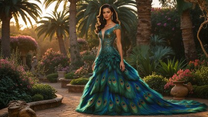 Fototapeta premium elegant woman with long dark hair in a peacock feather gown surrounded by lush greenery in a tropical garden
