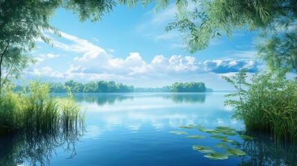 Tranquil lake scene with lush greenery, blue sky and fluffy clouds, digital art illustration, nature scenery, nature wallpaper