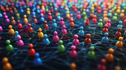 Fototapeta premium 3d Social networking colorful nodes background, interconnected by lines to form a grid structure, indicating interconnections and relationships in the social community or business