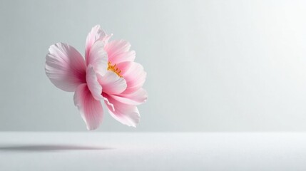 A Delicate Pink Blossom Floats Against a Soft White Background, a Study in Gentle Contrast and Simple Elegance