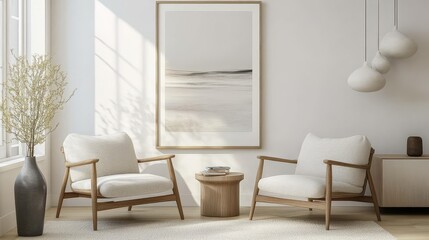 Fototapeta premium A white wall serves as a backdrop for a large framed poster.