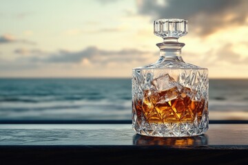 Crystal decanter of amber liquid with ice cubes sits on a dark wooden surface overlooking a blurred ocean sunset.
