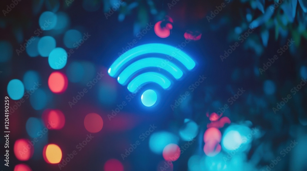 Aufkleber blue wi-fi symbol glowing with blurred bokeh background, representing wireless internet connection a