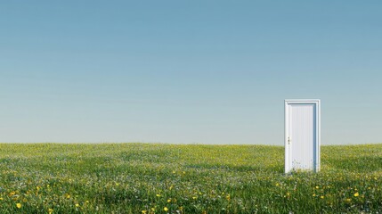 Vibrant landscape beyond a white door