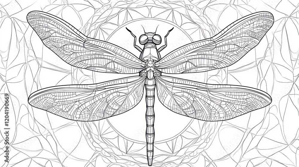 Poster detailed line drawing of a dragonfly with intricate wing patterns on an abstract background