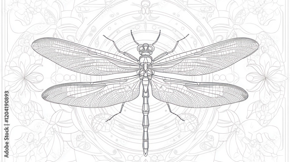 Poster detailed line art of a dragonfly with intricate wing patterns and abstract background
