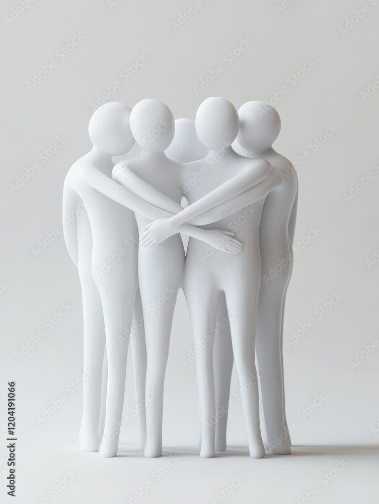 Poster a group of six simplistic figures representing unity and collaboration.