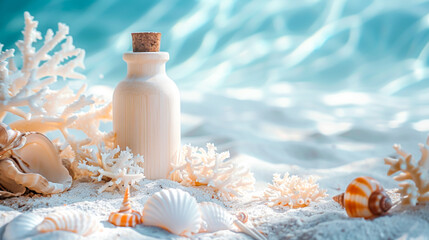 A mock up of a white cosmetic bottle sits gracefully on the sandy seabed, surrounded by colorful seashells and delicate coral formations, all bathed in shimmering sunlight from above. Copy space