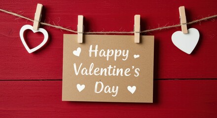 A rustic Valentine's Day setup of a kraft paper card with the text Happy Valentine Day written in white