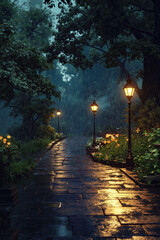 A walkway in the middle of a park at night with street lamps in the rain