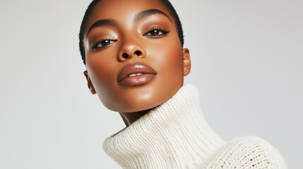 Confident Black Woman with Very Short Hair in White High-neck Sweater on White Background, Bold Makeup, Glossy Lipstick, Glamorous Beauty Portrait with Text, Copy Space.