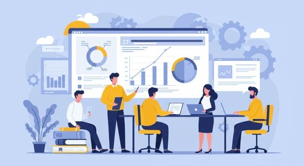 A flat illustration of a team in a business meeting