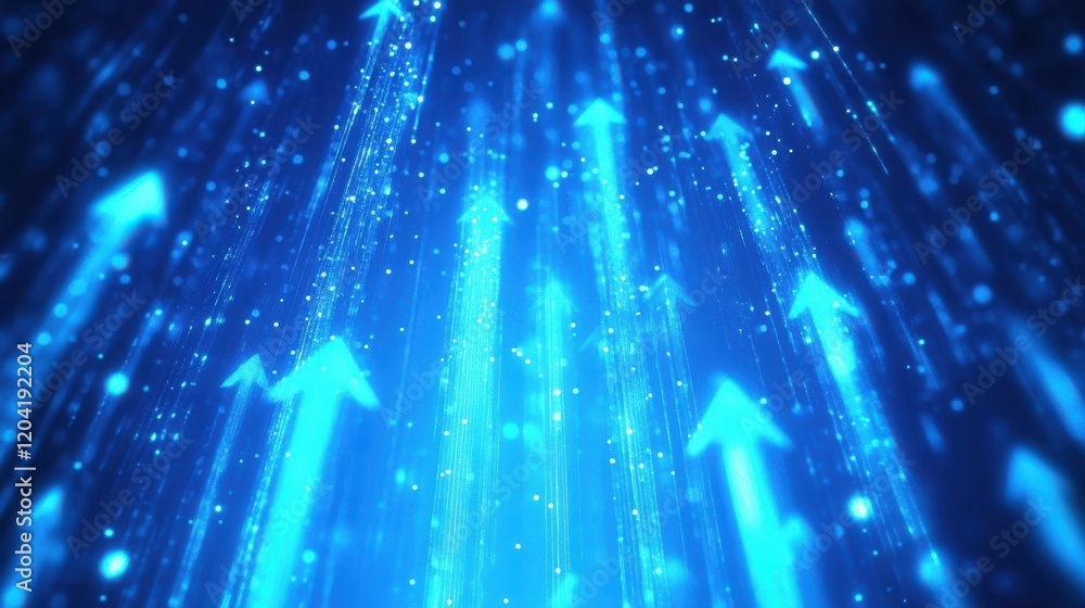 Poster a blue background with glowing arrows pointing upwards, representing growth and progress in the digi