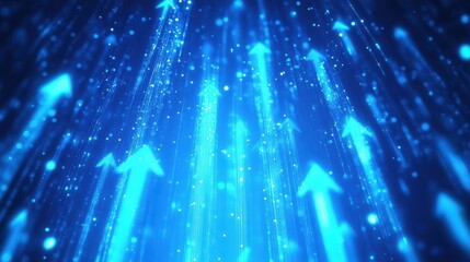 A blue background with glowing arrows pointing upwards, representing growth and progress in the digital age. The arrows symbolize positive movement towards success or change.