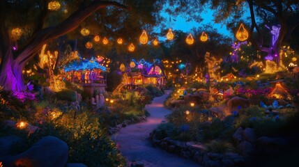 Fototapeta premium Charming village with glowing lights and mystical atmosphere in vibrant colors