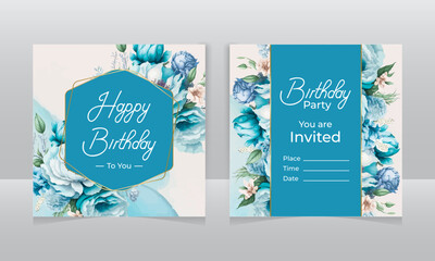 Watercolor Style Birthday flowers square wish card. Greeting message saying for celebration. Modern freehand style illustration with flowers