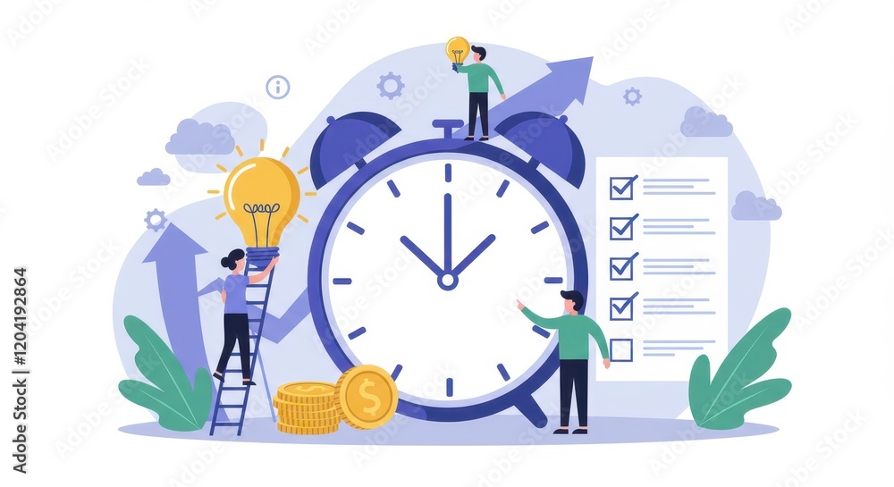 Poster a flat illustration depicting time management with a large clock at the center surrounded by charact