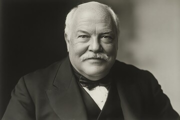 Fototapeta premium Black and white portrait of an older gentleman with a mustache, wearing a suit and bow tie. A classic formal photograph.