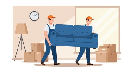 A flat illustration of two professional movers in blue uniforms and orange caps, carrying a blue sofa in a bright, clean room