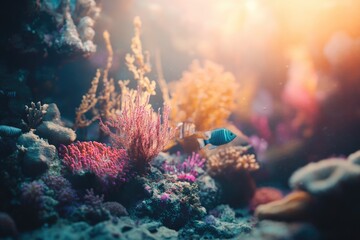 Fototapeta premium Vibrant coral reef teeming with life, showcasing colorful fish and diverse marine flora in a sunlit underwater scene.