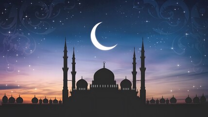 Silhouette of a Mosque at Sunrise/Sunset with Crescent Moon.