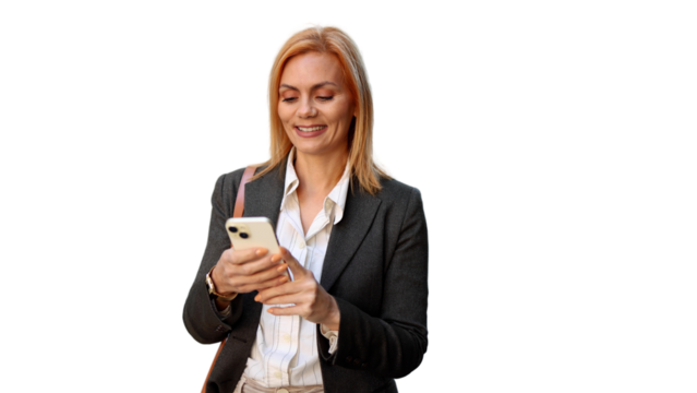 Happy woman using smartphone - Powered by Adobe