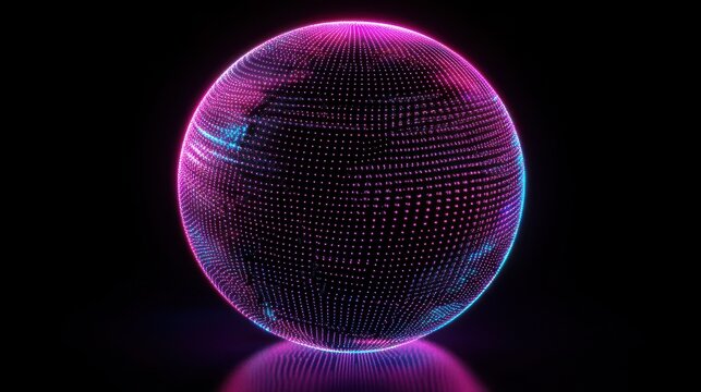 Creative 3d rendering sphere made of neon dots. Global network connection. Globe Grid. Worldwide communication. Futuristic earth globe. Science, technology and illustration on dark backdrop