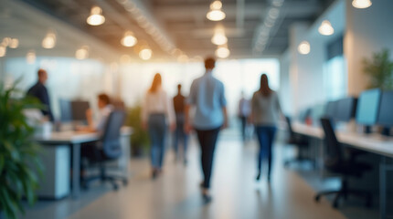 Modern Office Scene with Casual Team in Motion and Bokeh Background