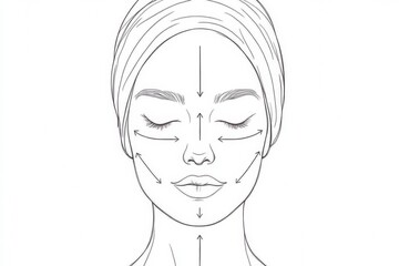 Line drawing of a woman’s face with directional arrows showing facial massage techniques. Ideal for beauty tutorials, skincare routines, and wellness guides.