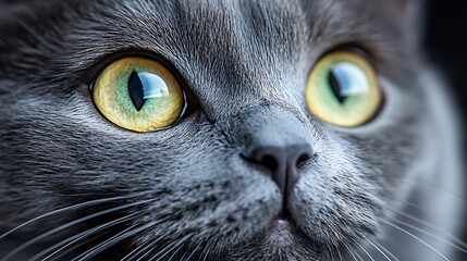 Gray cat close-up, intense gaze, dark background, pet portrait