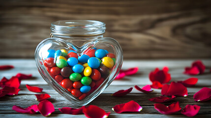 A composition of a heart-shaped glass jar filled with colorful candy, placed on a rustic wooden table, surrounded by rose petals