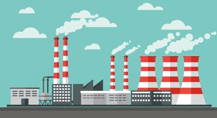 Obraz premium A flat illustration of a modern industrial factory with multiple buildings, chimneys emitting light smoke, and red-striped cooling towers