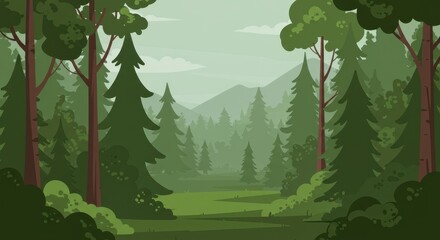 A flat illustration of a dense green forest with various types of tall trees and shrubs
