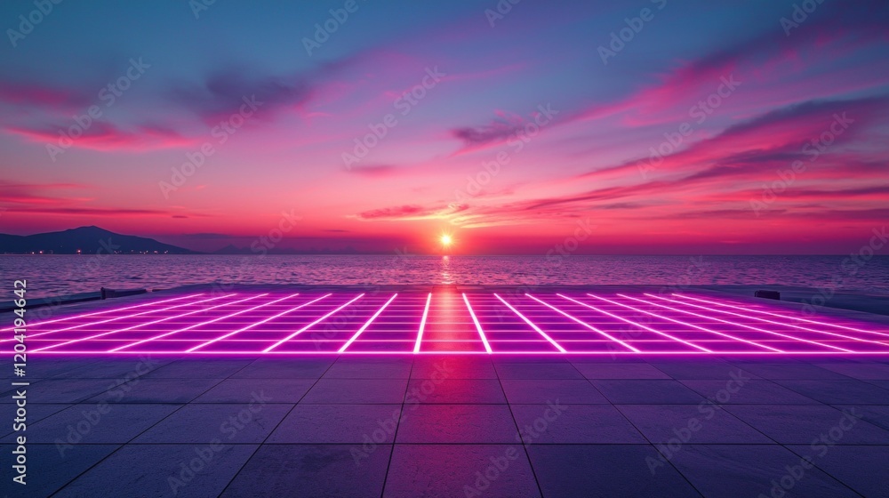 Poster a mesmerizing neon grid floor extends into the endless ocean, where vibrant hues of pink and orange 