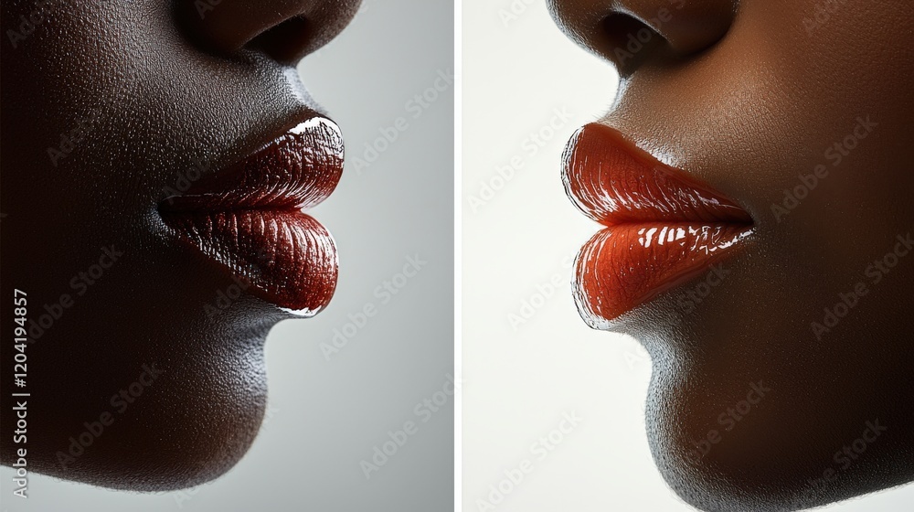 Poster close-up portrait of glossy lips from side view before and after effect