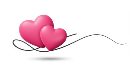 A modern and minimalistic Valentine's Day design featuring two pink hearts intertwined with a flowing black line