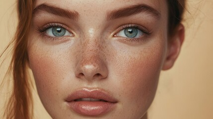 Fototapeta premium Beautiful young Woman model with clean fresh skin on beige background, Facial care, Cosmetology, beauty and spa, . Close-up of woman with clean skin posing, in studio background.