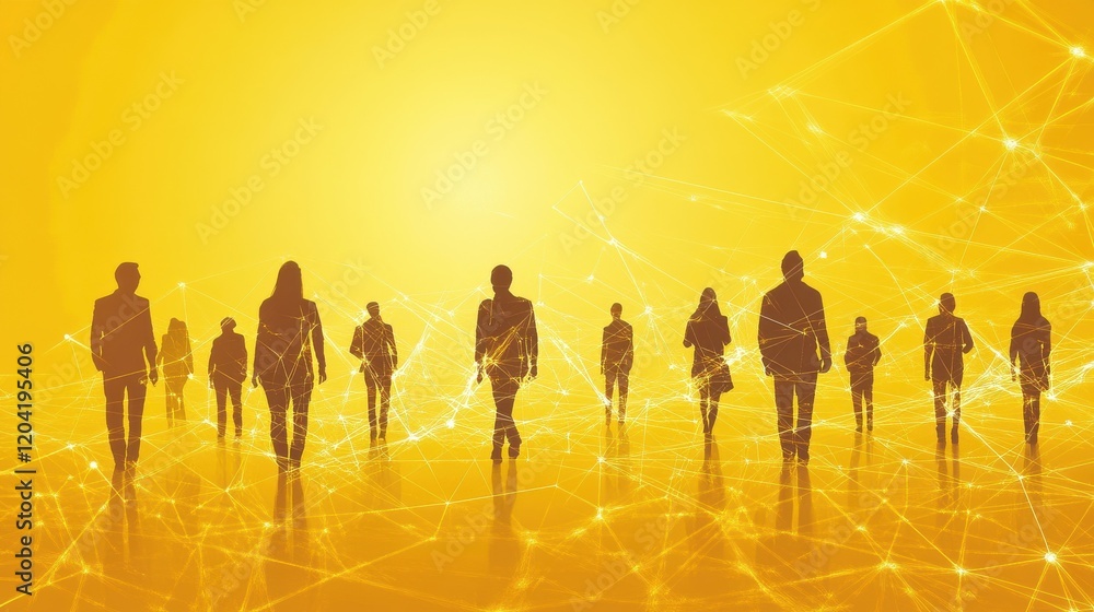 Poster abstract network of people with connecting lines on a yellow background - representing social connec