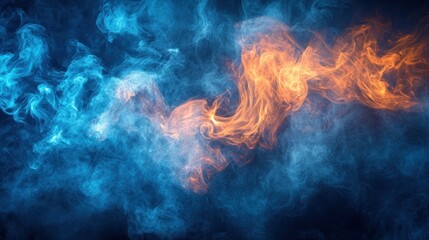 Abstract swirling smoke in vibrant blue and orange hues, creating a dynamic visual effect